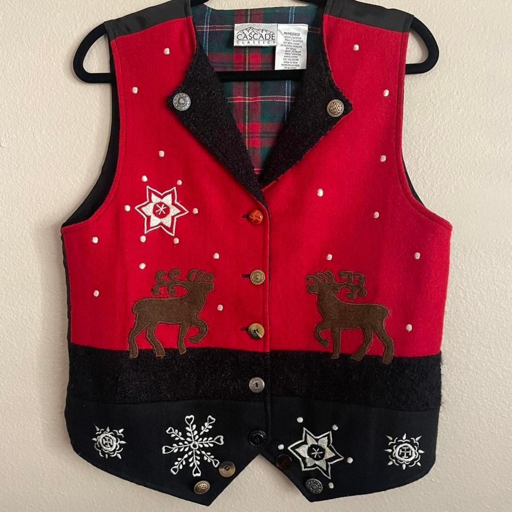 VTG 90s Christmas Reindeer Sweater Wool Holiday‎ Party Embroidered Ugly Xmas M